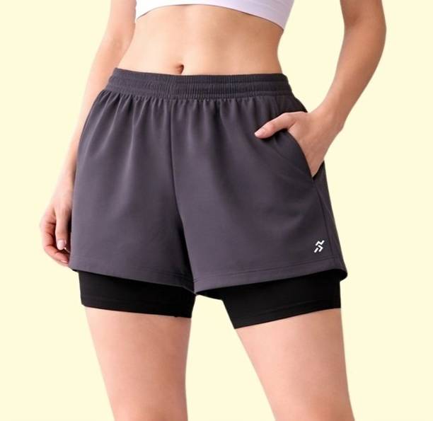 Solid Women Dark Grey and Black Gym Shorts