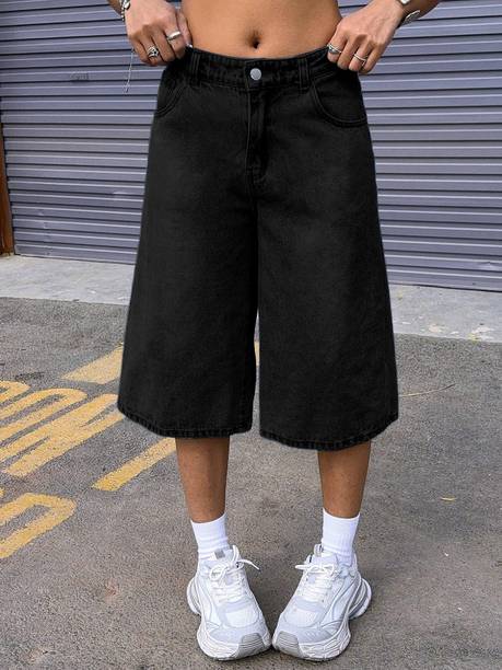 Self Design Women Denim Black Denim Shorts