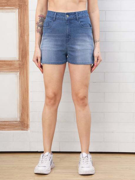 Dyed/Washed Women Denim Blue Casual Shorts