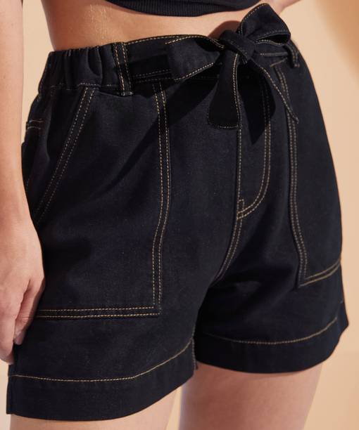 Solid Women Denim Black Denim Shorts, High Waist Shorts