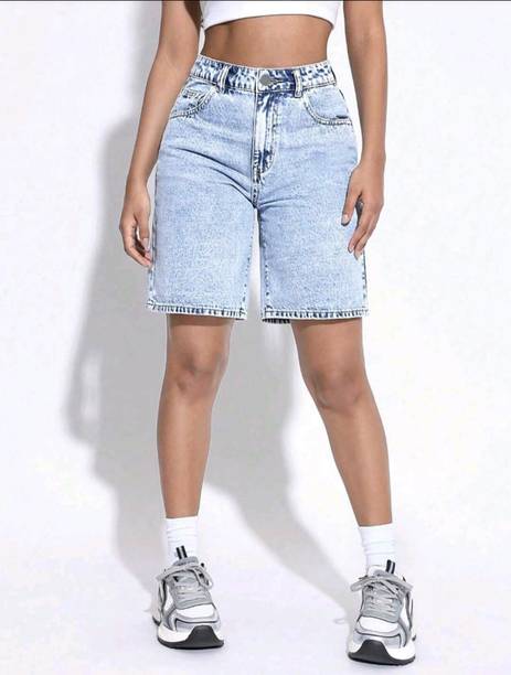 Dyed/Washed Women Denim Blue Denim Shorts
