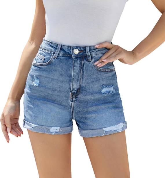 Distressed Women Denim Light Blue Denim Shorts, High Waist Shorts, Casual Shorts