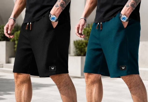 Pack of 2 Self Design Men Black, Green Regular Shorts