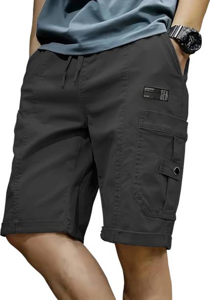 Solid Men Dark Grey Cargo Shorts, Casual Shorts