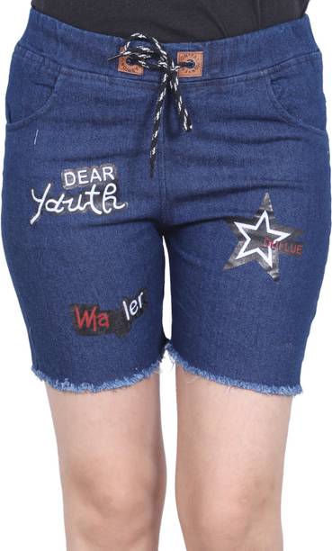 Graphic Print Women Denim Dark Blue, Light Blue Denim Shorts