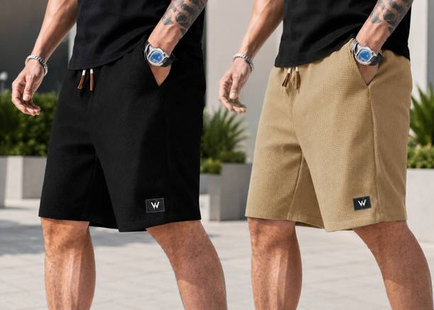 Pack of 2 Self Design Men Black, Khaki Regular Shorts