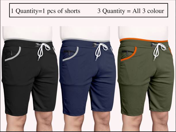 Pack of 3 Solid Men Black, Blue, Green Regular Shorts