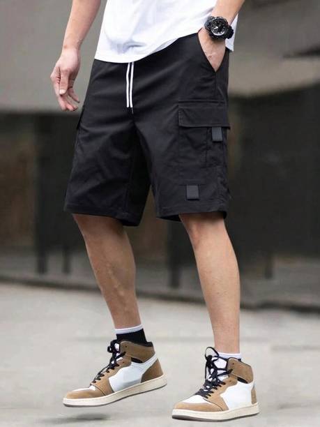 Pitzz Solid Men Black Cargo Shorts