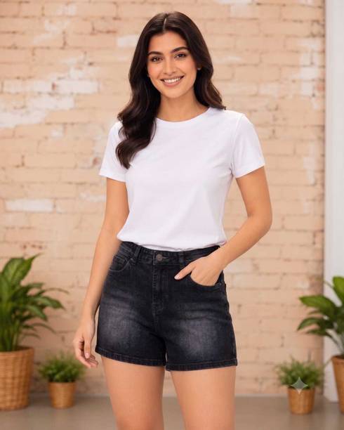 Solid Women Denim Black Denim Shorts