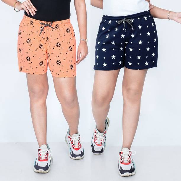 Pack of 2 Women's Printed Gym Shorts - Orange & Dark Blue