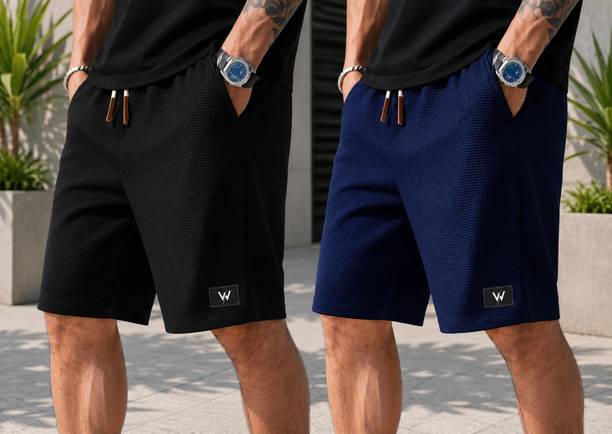 Pack of 2 Self Design Men Black, Blue Regular Shorts
