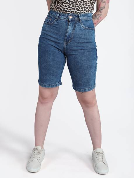 Dyed/Washed Women Denim Blue Denim Shorts