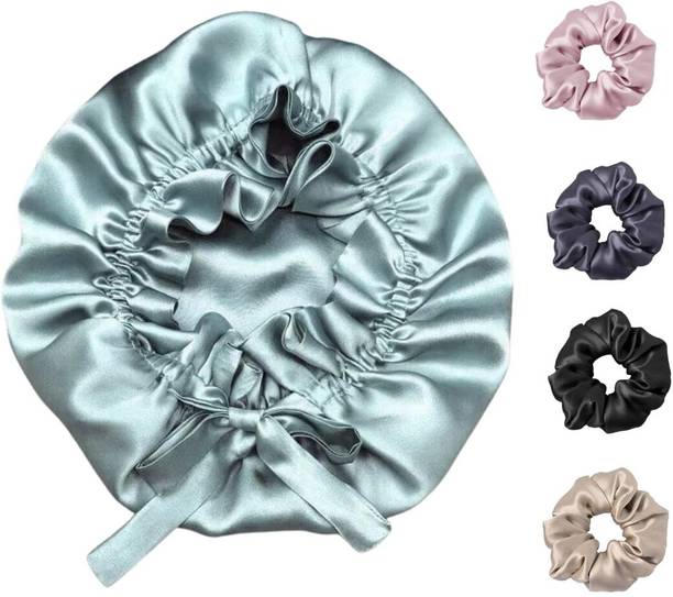SCRUNBOW Satin Silk Bonnet for Hair with 4 Scrunchies, Adjustable Silk Hair Cap Sleeping,