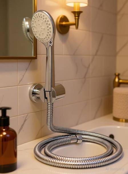 debaths ROUND HAND SHOWER 5 FLOW WITH 1.5MTR SS TUBE AND WALL MOUNTED HOOK Shower Head