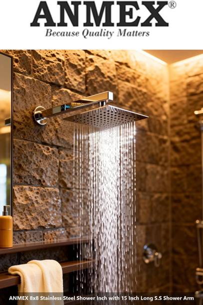 ANMEX Rain Shower Stainless Steel Ultra Slim 8x8 Inch with 15 Inch Long S.S Shower Arm Shower Head