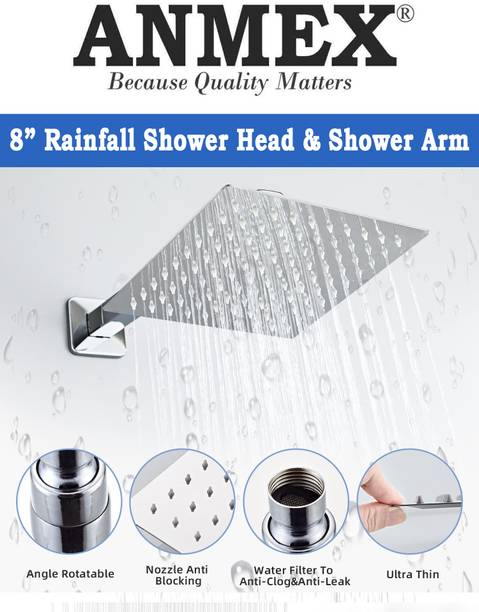 ANMEX UltraSlim 8X8 Rain Shower Stainless Steel with 12 Inch Long S.S Shower Arm Shower Head
