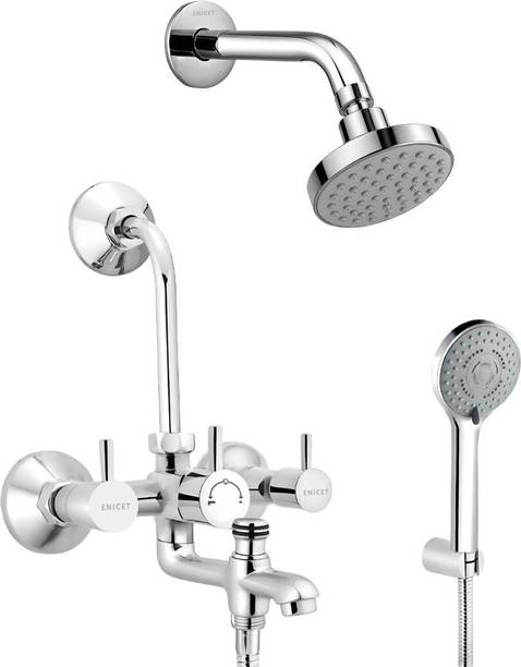ENICET Brass Wall Mixer With Overhead Shower, 190mm Long Bend Pipe, Chrome Finish, Shower Set, Wall Mixer for Bathroom, Water Mixer Tap for Bathroom Full Set, rain flow