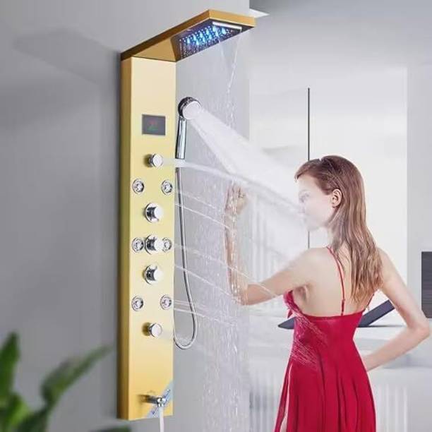 Prossimagen Shower Panel System, Stainless Steel 304 Grade 8-in-1 LED Rainfall Shower, Body Massage Spray, Handheld Shower, Temperature Display, Easy Wall-Mount Installation, rose Gold Finish