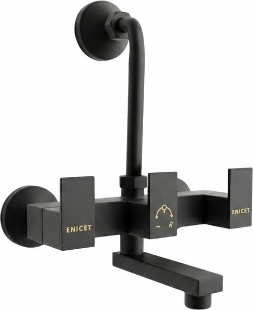 ENICET 2 in 1 Wall Mixer Tap, Hot & Cold Water Bathroom Mixer Tap, SS-304, Matte Black Wall Mixer with Bend Pipe & Long Spout, Black Shower Set,