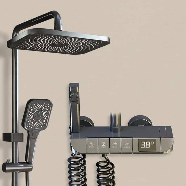 Q-IMAGE Thermostatic Shower Set with Piano Switches Shower Panel Wall Mounted Rainfall Showerhead Functions.