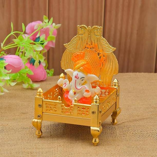 eWorld Brass Singhasan for God with Miniature Pagdi Ganesh Ji, Laddu Gopal Singhasan Decorative Showpiece  -  13 cm