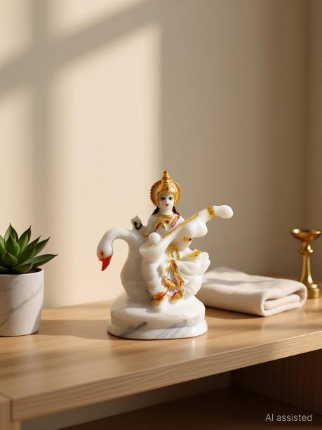 G LOOKS Saraswati Maa on Swan(Duck) Marble Dust Statue/ Mata Saraswati Small Idol Decorative Showpiece  -  15 cm