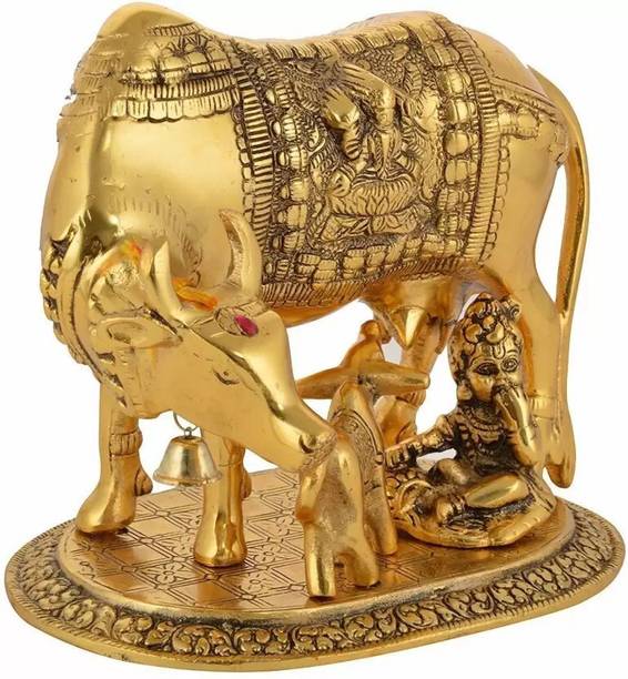 DARIDRA BHANJAN Kamdhenu Cow and calf statue with Krishna/Cow with Krishna Idol Decorative Showpiece  -  11 cm