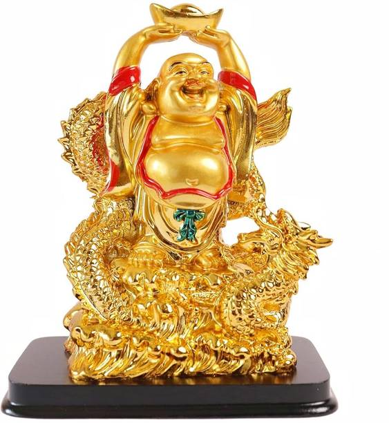 The Spiritual Living Laughing Buddha on Dragon Idol With Wealth Ingot | Vastu & Feng Shui | Decorative Showpiece  -  16.5 cm
