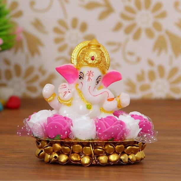 Flipkart SmartBuy Lord Ganesha Idol on Decorative Handcrafted Plate with Pink and White Flowers Decorative Showpiece  -  8 cm