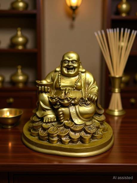 GJ Laughing Buddha Sitting on Lucky Coins Decorative Showpiece  -  14 cm