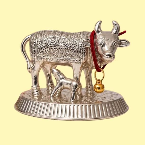 KARUNAMAYI VENTURES Metal Kamdhenu Cow with Calf Idol for Spiritual Vastu Home Decoration Decorative Showpiece  -  10 cm