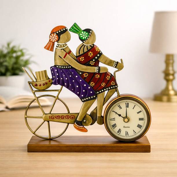 Desi Craft Decor Handcrafted Tribal Couple Bicycle Metal Table Clock for Home & Office Decor Decorative Showpiece  -  7.6 cm