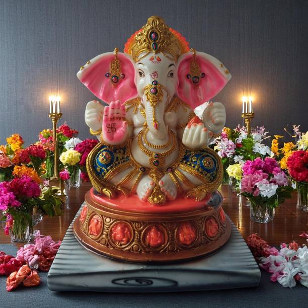 Anantamitra Lord Ganesha Idol 12.5" | Handcrafted Marble Dust Murti for Home & Office Decorative Showpiece  -  32 cm