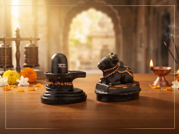 shukaam Shivling Nandi Idol Set for Home Temple Mahadev Mandir Decor Decorative Showpiece  -  8 cm