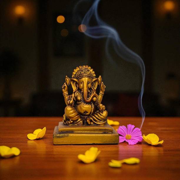 KRAFTINO Ganpati Idol for Car Dashboard | Metallic Finish Ganesha Murti Decorative Showpiece  -  9 cm
