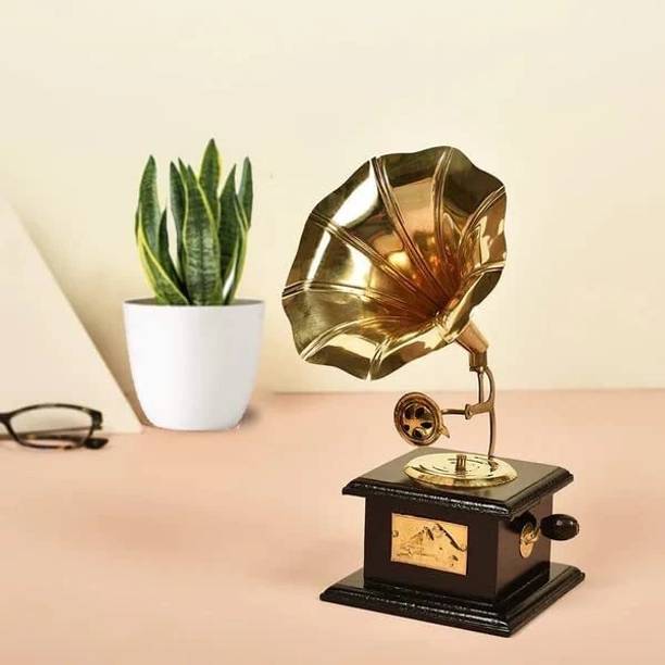 MSKKHANDICRAFT Wooden Vintage Dummy Brass Gramophone Showpiece for Home Décor Decorative Showpiece  -  23 cm