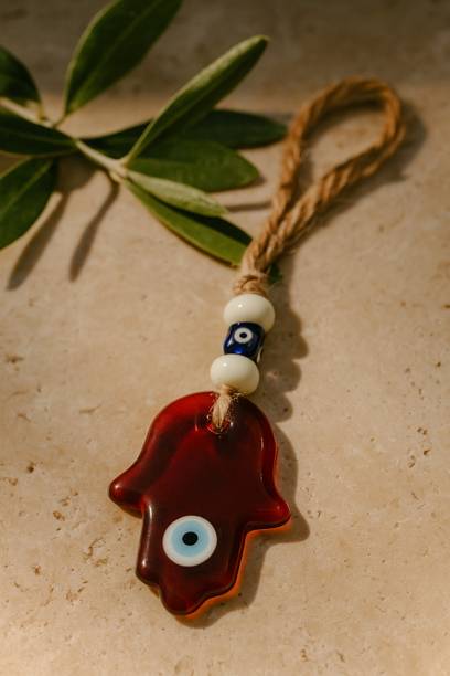 LOKLORE Noor Evil Eye Red Humsa Charm | Handmade Glass Nazar for Home & Car Decor | Decorative Showpiece  -  15 cm