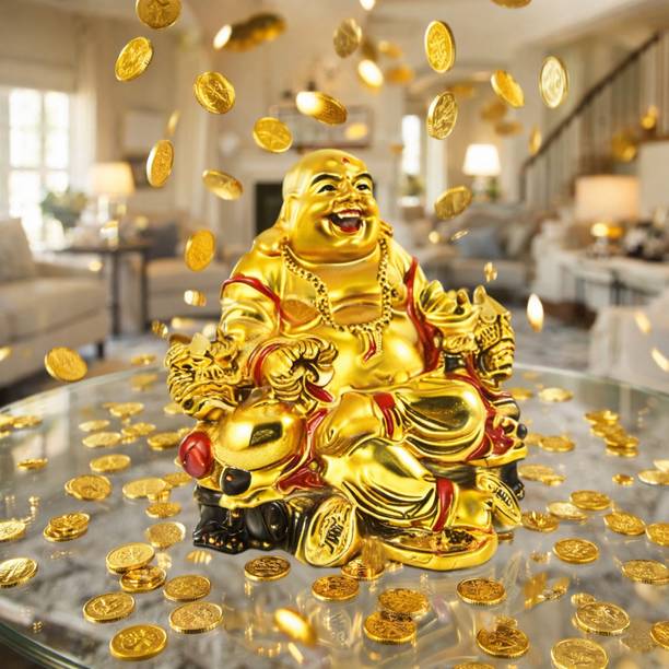 IDOLO Sitting On Chair Laughing Buddha Idol - For Brings Wealth & Happiness Home Decorative Showpiece  -  7 cm