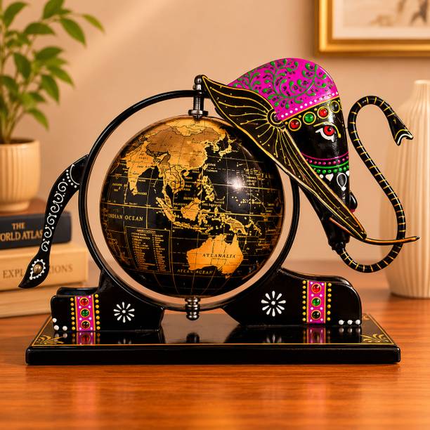 Desi Craft Decor Antique Black Elephant Globe Metal Showpiece for Home & Office Table Decor Decorative Showpiece  -  21 cm