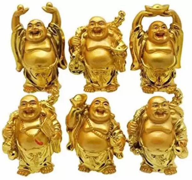 SMARTEXPO Polyresin Feng Shui Golden Laughing Buddha Statues (Set of 6) Decorative Showpiece - 5 cm
