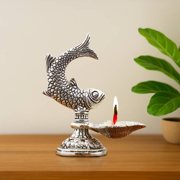 INTERNATIONAL GIFT Silver Fish Diya Stand | Artistic Oil Lamp for Home Temple, Pooja Room Decorative Showpiece  -  11.43 cm
