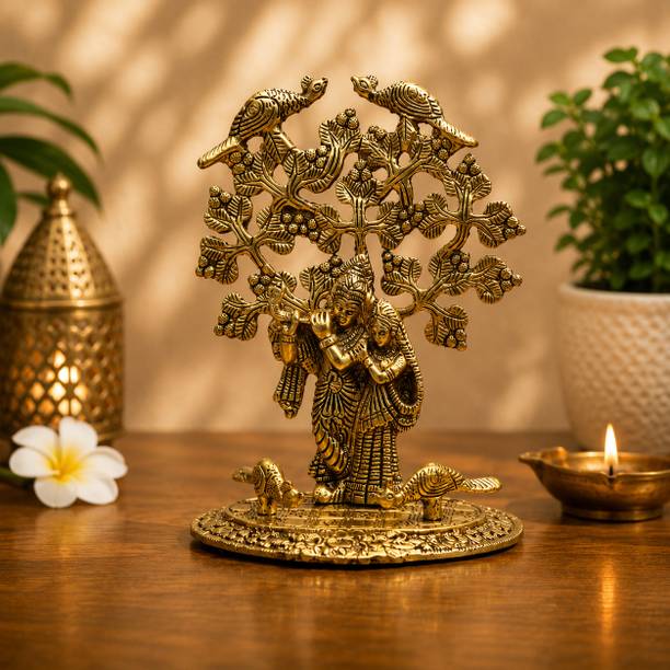 Chhariya Crafts Radha Krishna Standing Under Tree And Playing Flute Idol Metal Statue Decorative Showpiece - 22 cm