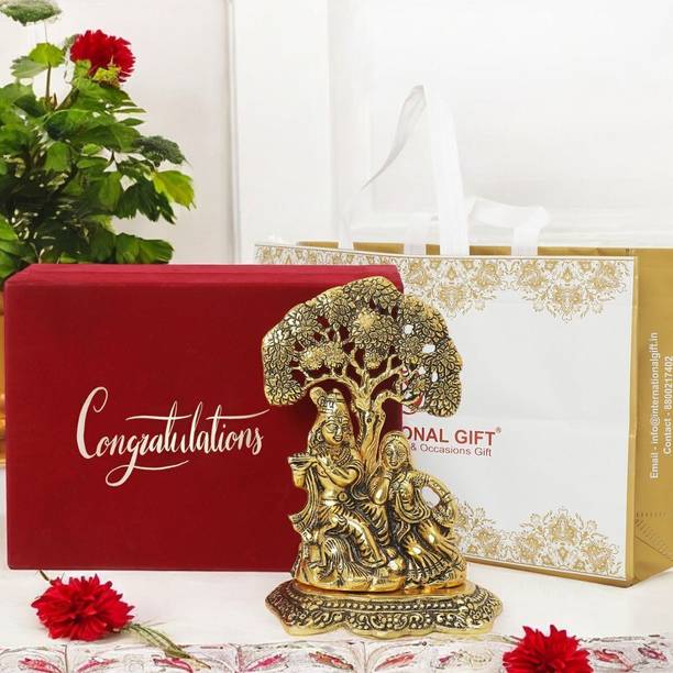INTERNATIONAL GIFT Gold Plated Radha Krishna Idol |Congratulation Tag With Box & Bag | For Pooja Decorative Showpiece  -  18 cm