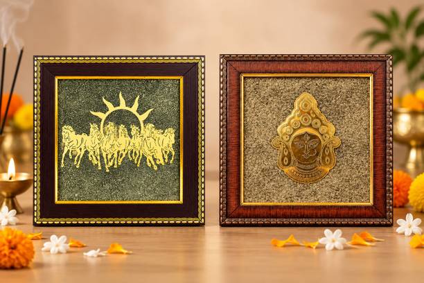 Swarnangshu Home Decor | 7 Horses Pyrite Frame & Maa Durga Frame Combo Decorative Showpiece  -  7 cm