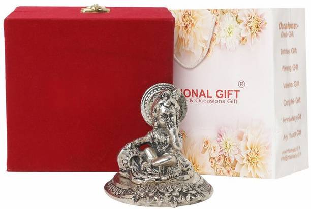 INTERNATIONAL GIFT Silver Plated Makhan Chor Krishna Idol Statue With Box & Bag | For Pooja Religious Tile