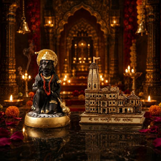 SBBCO Luxury Black Hanuman Decorative Idol with Ram Mandir Decorative Showpiece  -  4.4 cm