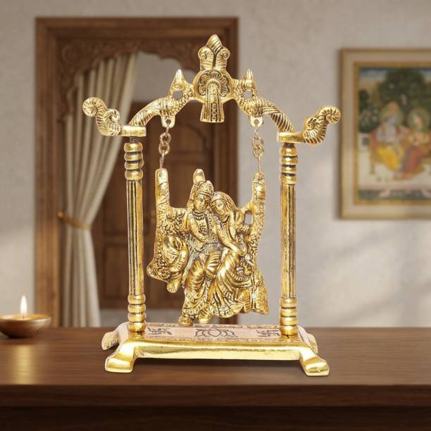 KridayKraft Radha Krishna on Swing jhula Metal Statue Gold Plated Decor Your Home,Office & Radha Krishna Murti,Showpiece Figurines,Religious idol Gift Article... Decorative Showpiece - 20 cm