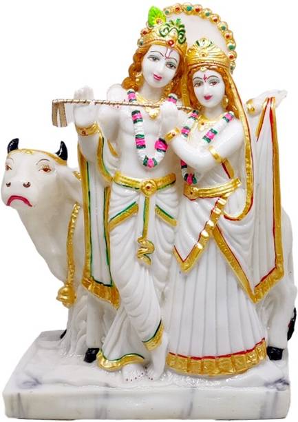 G LOOKS Radha Krishna Statue/ Radha Krishna With Cow Marble Dust Idol 10.5 Inch for Home डेकोरेटिव शोपीस - 27 cm