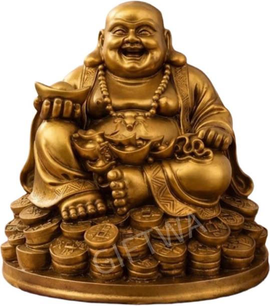 GIFTWA Laughing Buddha Statue for Vastu|Sitting on Money Coins Showpiece for Home Decor Decorative Showpiece  -  17 cm
