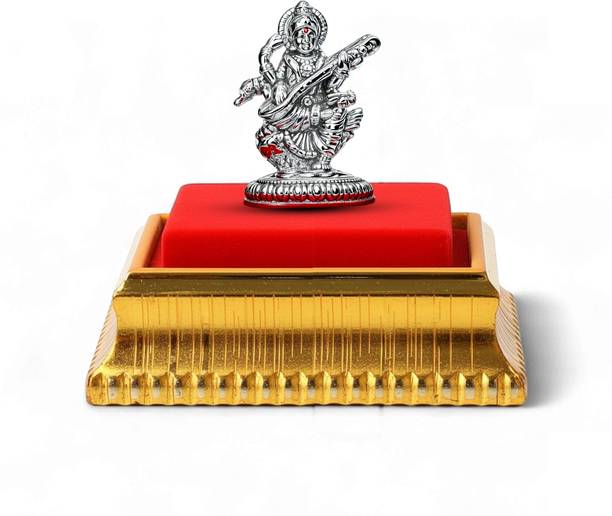 Akshat Sapphire 99.9% Pure Silver Maa Saraswati Idol with Acrylic Box, desk & Car Dashboard Decorative Showpiece  -  3.6 cm